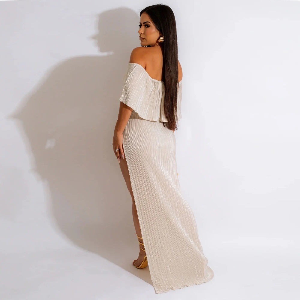 Chic Ruffles Pleated Summer Outfits 2023: Off Shoulder Crop Top + Slit Skirt Club Set